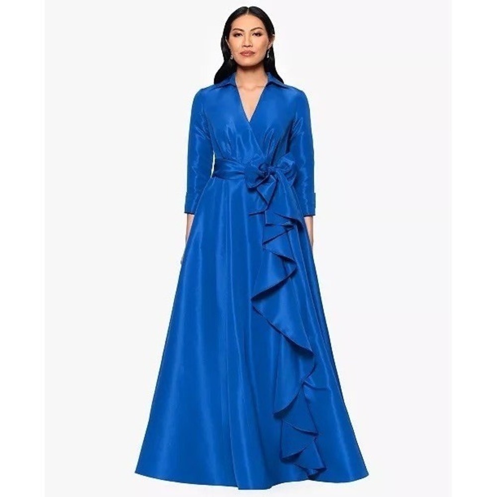 NWT Betsy & Adam Gown Womens Blue Ruffle Wrap Formal Dress 10 $299